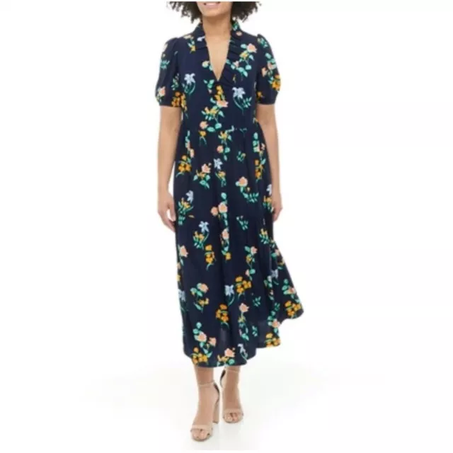 Crown & Ivy midi dress blue yellow floral tiered ruffle hem V neck fit 'n flare