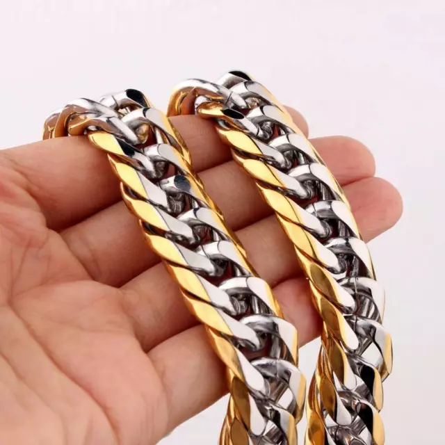 Men Gold Plated Stainless Steel  Curb Cuban Link Chain Necklace Bracelet 13mm