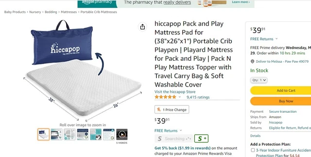 Hiccapop Pack & Play Mattress Pad with carry bag for Portable Crib