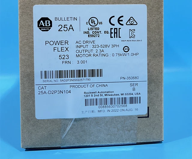 Allen Bradley 25A-D2P3N104 PowerFlex 523 0.75kW 1HP AC Drive 25AD2P3N104 New