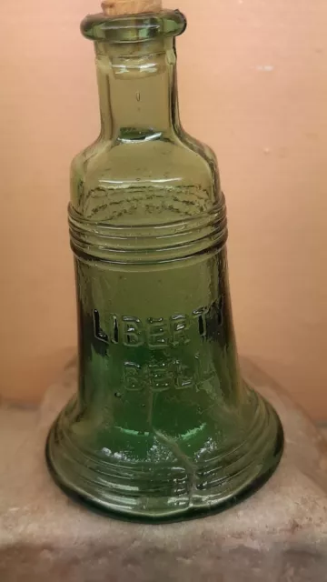Wheaton Liberty Bell Shaped Bottle Heavy Green Glass Cork Apothecary Jar Vintage
