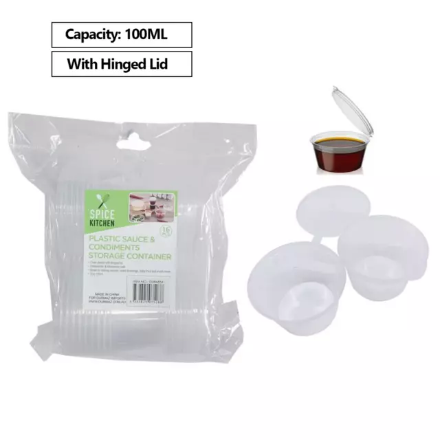 Disposable Plastic Sauce Container Hinged Lid Clear Pot Jelly Cup Takeaway 100ml