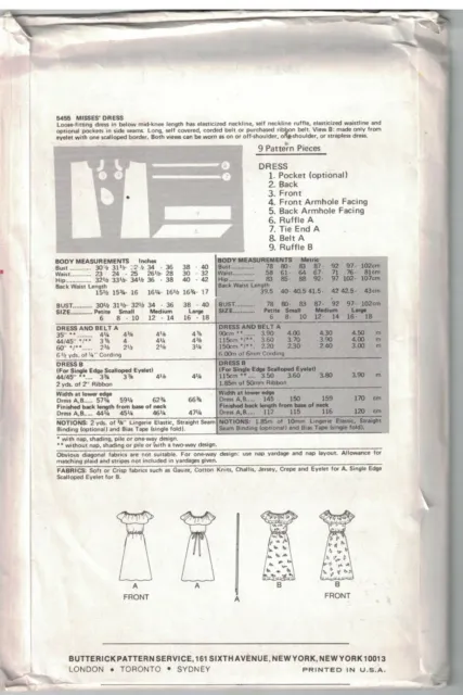 5455 UNCUT Vintage Butterick SEWING Pattern Misses Loose Fitting Dress Small OOP 2