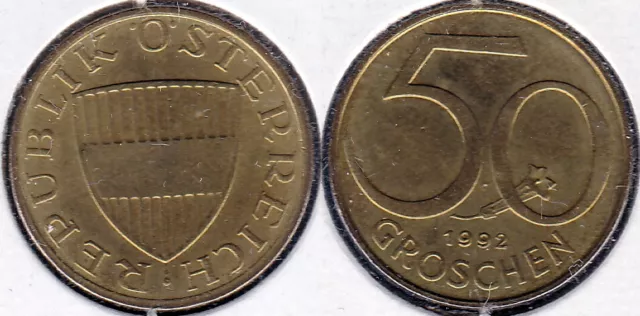 Austria 1992 50 Groschen KM-2885 Aluminum-Bronze BUNC #96 - US Seller