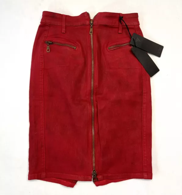 Red Distressed Guess Denim Pencil Skirt NWT Size 25