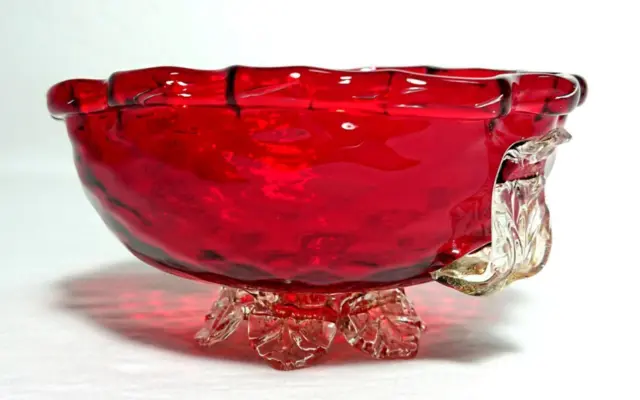 Murano Salviati Glass Bowl Red & Gold Leaf Vintage Retro