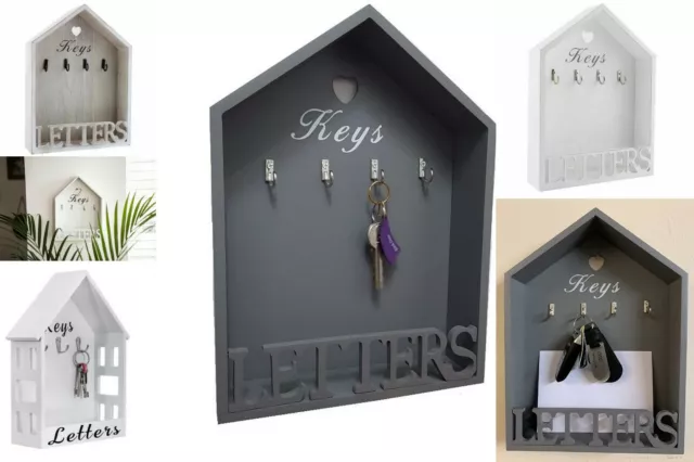 Wooden Letter Rack & Key Hooks House Shape Wall Mounted Display Storage Shelf