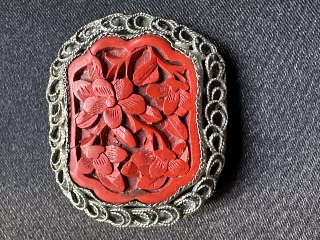 Antique Chinese Filigree Silver Brooch - Cinnabar Ornament with Flowers carved