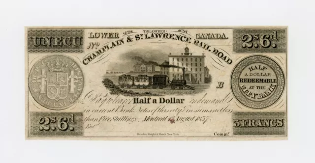 1837 2s6d / Un Ecu - Champlain & St. Lawrence Rail Road Co. CANADA Note UNC