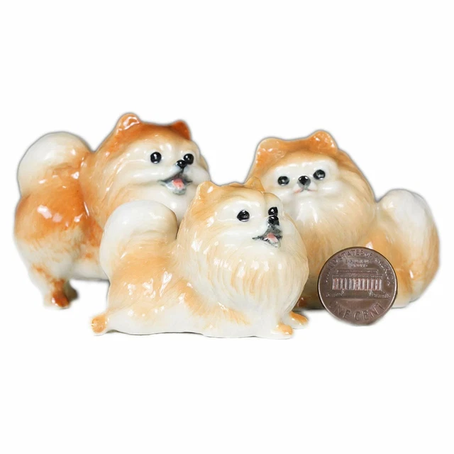 3 Pomeranian Dogs Puppy Miniature Animal Statue Pottery Figurine Ceramic (2")