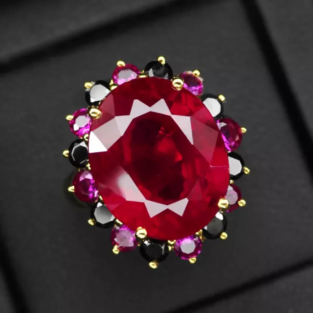 Striking Vivid Red Ruby Oval 19Ct 925 Sterling Silver Handmade Rings Size 6.75
