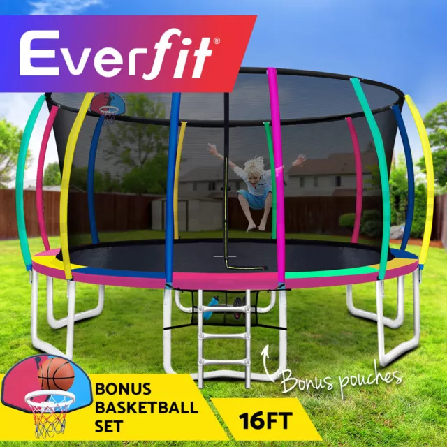 Everfit Trampoline 16FT Kids Trampolines Basketball Hoop Set Cover Colourful