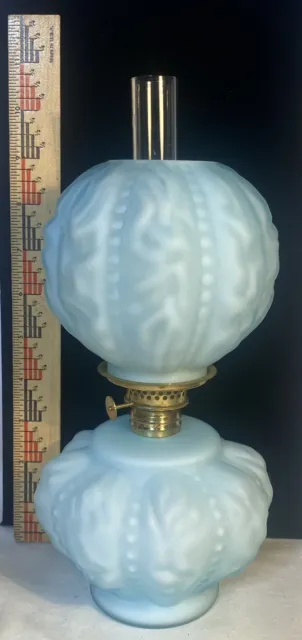 Vintage Fenton LG Wright Blue Cased Satin Glass Miniature Beaded Drape Oil Lamp