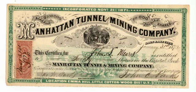 1872 Manhattan Tunnel & Mining Co Stock Certificate #165 for 20 shares w/ Stamp