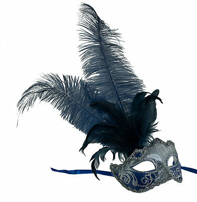 Mask from Venice Colombine IN Tip IN Feathers Ostrich Blue Roy Silver 1436 S2B 3
