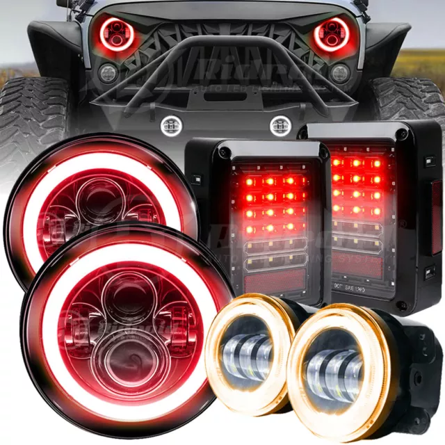 Red Halo 7'' LED Headlights 4" Fog Tail Brake Lights Combo for Jeep Wrangler JK