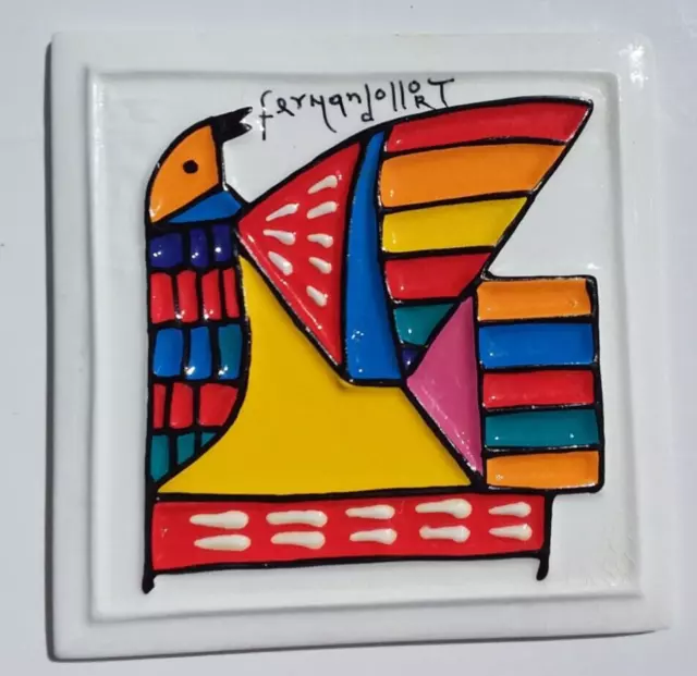 Signed Fernado Llort Salvadorian Artist Handpainted Ceramic Tile  5 in x 5 in