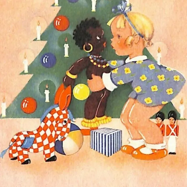 Scarce c1940's-50's Ink Blotter Mendota Ill Christmas Morning Tree Gifts Girl