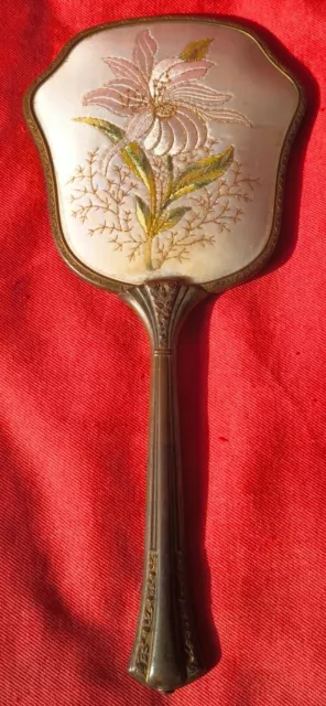 Vintage Vanity Hand Held Mirror Gold With Embroidered Flower