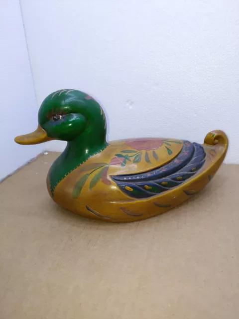Vintage Hand Painted ceramic green Head Duck, floral design, 1983 rare signed EH