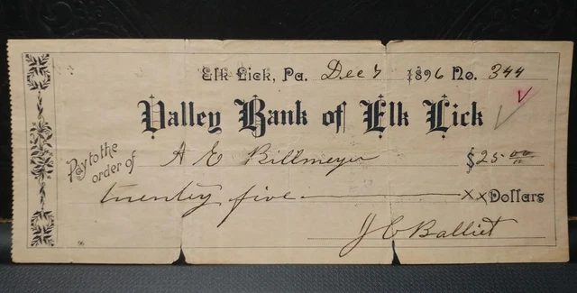 0574----1896 Elk Lick Twp PA check -- J.C. Balliet to A.E. Billmeyer