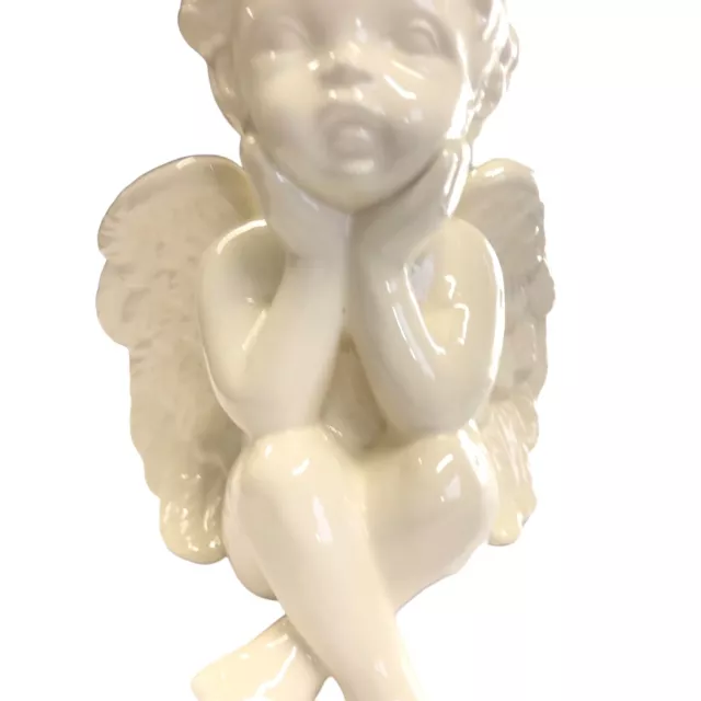 Angel Cherub Figure Hands on Knees Face Wings 6in Tall Off White Signed VTG