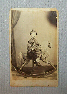 Old Antique Vtg 19th C 1860s CDV Photo Young Boy Large Rocking Horse Very Nice