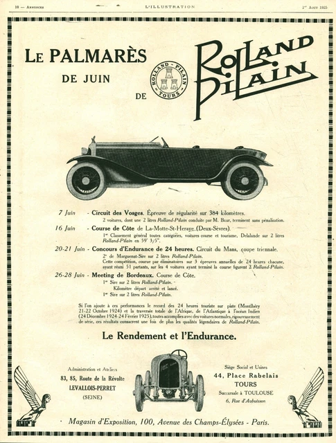 1925 Rolland Pilain Vintage Automobile Advertising Magazine