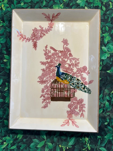 OPALHOUSE WOODEN TRAY MANGO CREAM HAND PAINTED PEACOCK 16x11