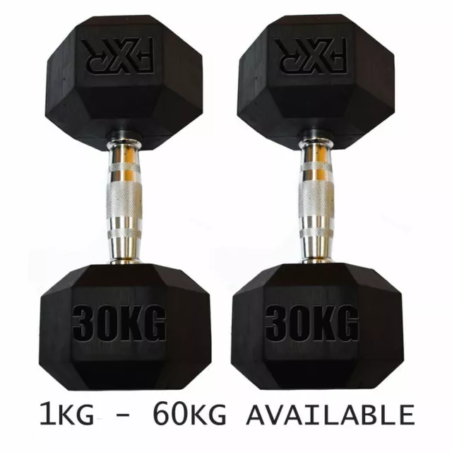 FXR Sports Hex Rubber Dumbbell Hexagonal Gym Weights Dumb Bell 1kg - 60kg