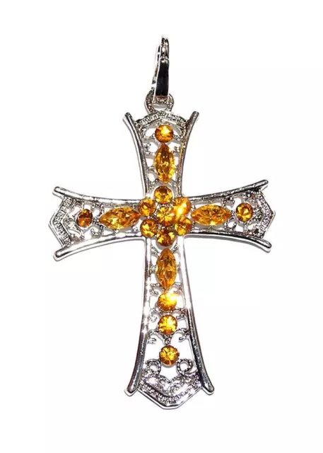PENDANT/NECKLACE ST Lovely Gold Color Rhinestones & Filigree LARGE CROSS