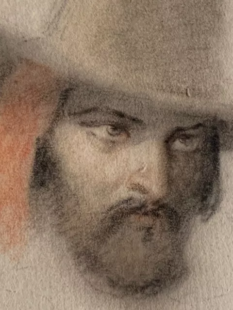 Original Antique Pre-Raphaelite Ca1850 colored pencil and pastel Man Wearing Hat 3