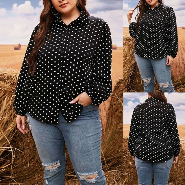 Grande Taille Femmes Manches Longues à Pois Chemise Chemisier Bouton en Vrac
