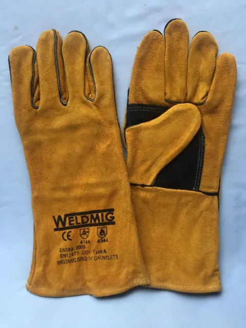 Weldmig Premium Gold Leather Welding Gloves Gauntlets 14 inch Welders' 14" mig