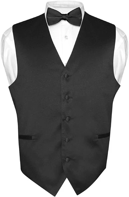 Men's Dress Vest BOWTie Hanky BLACK SILK Bow Tie Set for Suit or Tuxedo Prom