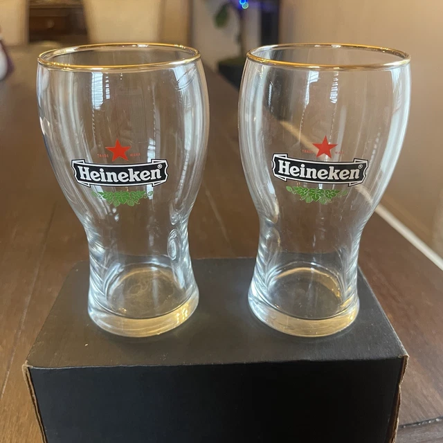 HEINEKEN BEER GLASSES Etched Red Star Logo Set of 2 Gold Rimmed 5" Tall