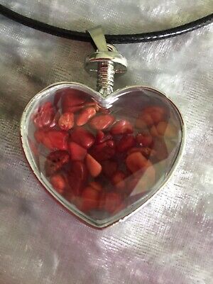 Natural Red Jasper Chips Heart Glass Pendant Necklace + Black Wax Leather Cord