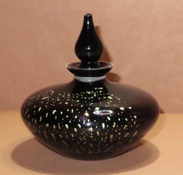 Vintage Black Art Glass Gold Fleck Vanity Perfume Bottle w/Broken Stopper