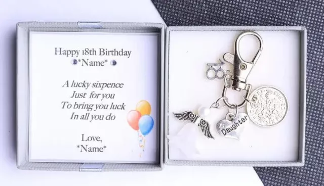 Personalised 18th Birthday Lucky Sixpence Charm Novelty Keyring - Gift for Her