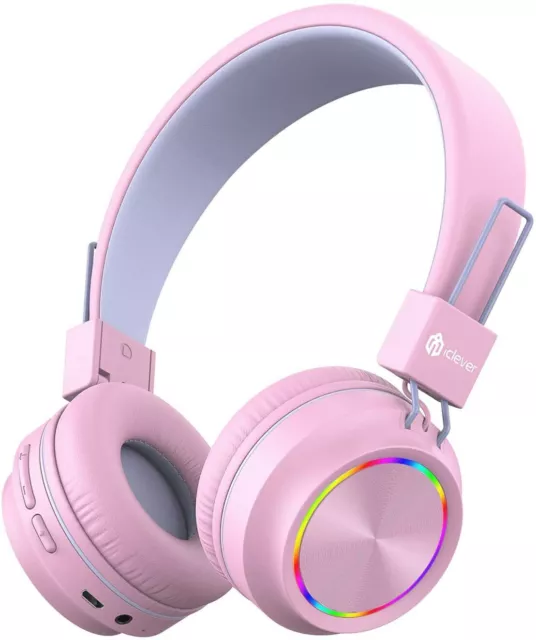 iClever Colorful LED Lights Kids Headphones with MIC Bluetooth 5.0 Foldable Pink