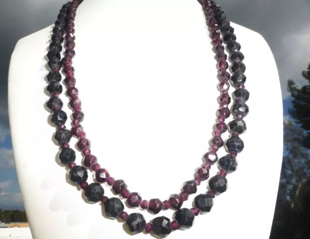 Beautiful Double Strand Natural Garnet Sterling Silver Necklace 22" Inches