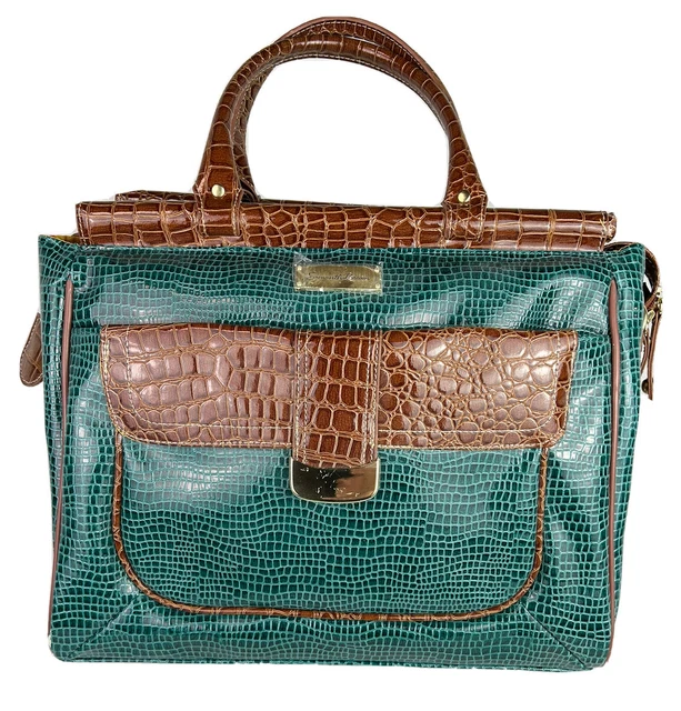 Samantha Brown Dowel Travel Bag Croc Embossed Green Brown Weekender Carry On