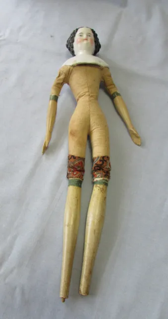 Antique Doll Porcelain Head With Cloth & Wood Body-Feet Missing-Unusual Body