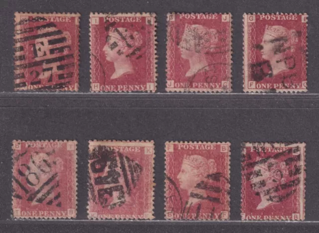 Great Britain SG 43 Scott 33 1d Red Queen Victoria 8 Different Plates 141-148