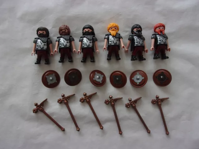 Lot De Playmobil   * 6 Chevaliers Nains Vetus De Noir Et Marron + Accessoires *