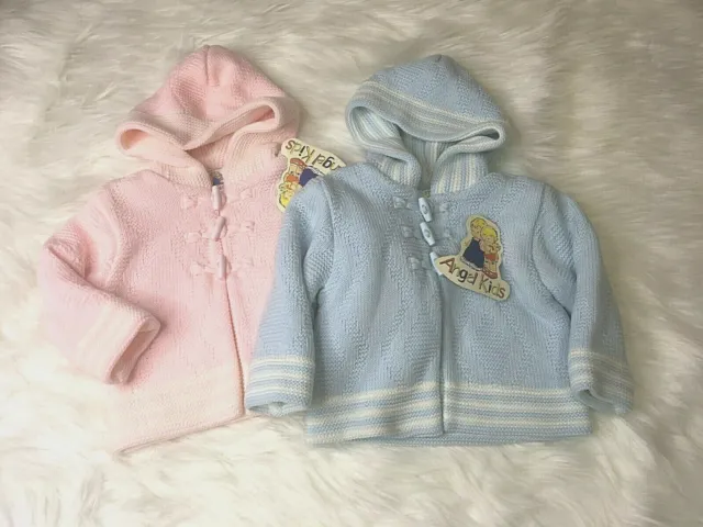 Cappuccio cardigan lavorato a maglia bambina bambino rosa/blu stile spagnolo 0-9 mesi