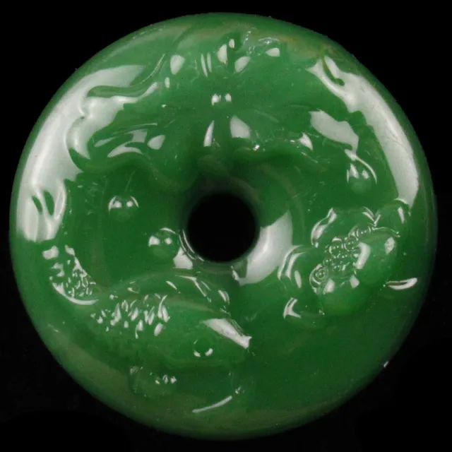 2pcs Carved Man-made Green Jade Donut Fish Pendant Bead 44x9mm XJ0673