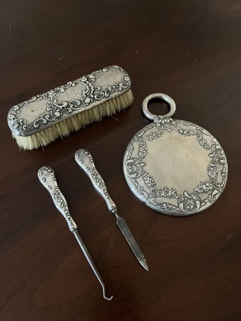 Antique Sterling Silver Vanity set Mirror, Brush, button hook, file british