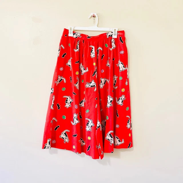 Vintage 1980s culottes pants red cat print elastic waist size medium M