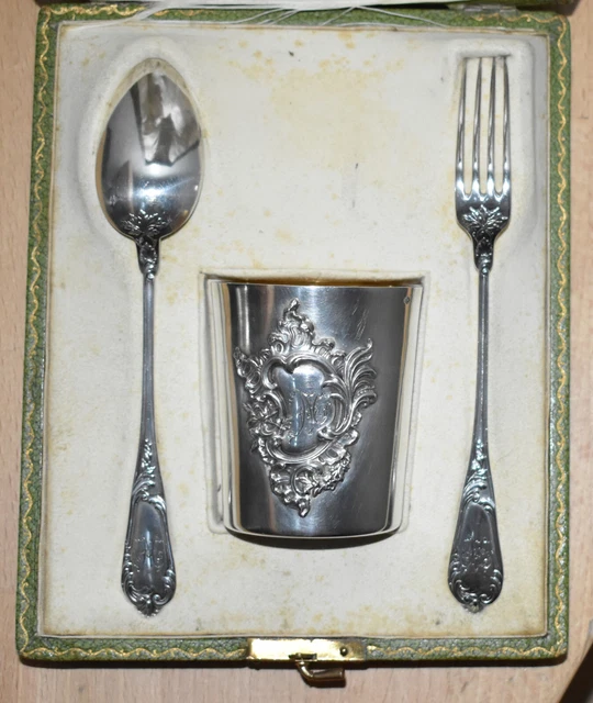 COFFRET DE BAPTEME en argent timbale RAVINET D&amp;#39;ENFERT couverts SOUFFLOT ...